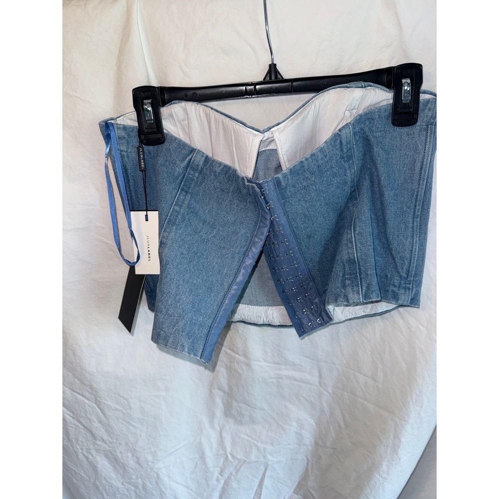 JLUXLABEL Blue Denim Corset Bustier Strapless Crop Top Light Wash NWT Large - Picture 3 of 4